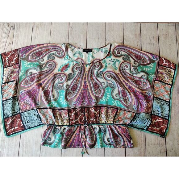 Karen Kane paisley boho 100% silk caftan blouse sz L - Picture 1 of 10